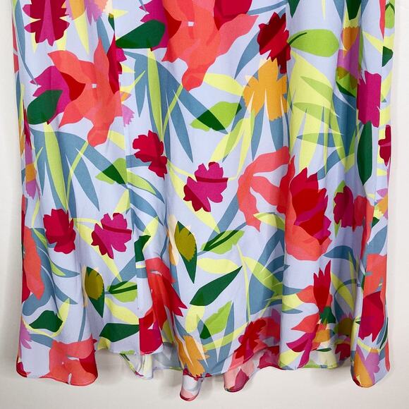 Nicole Miller Small Blue Pink Floral Oasis Silk Ruffle Midi Dress VNeck Cocktail - Picture 4 of 12